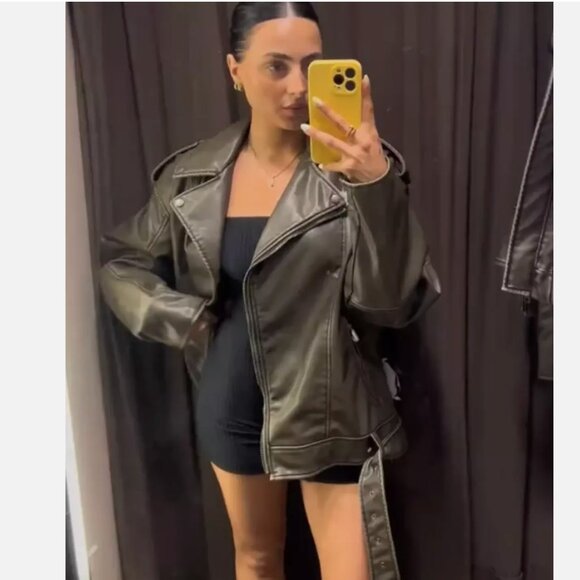 Zara Women XL Faux Leather Distressed Biker Jacket Charcoal Vegan Motorcycle - Picture 6 of 15